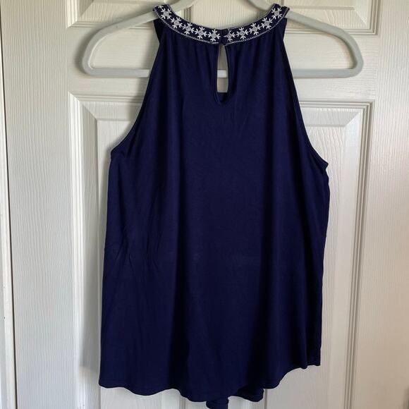 Cable & Gauge Embroidered Halter Top Navy White Keyhole Back Soft Sz M Stretchy - Picture 3 of 9